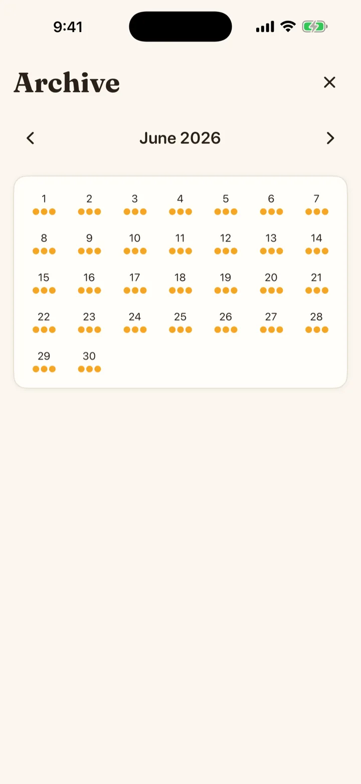 Archive calendar with each day’s completion stamps