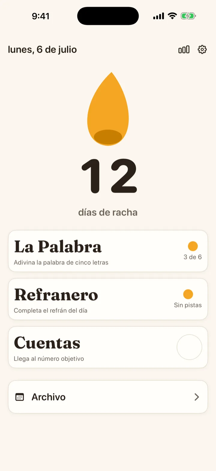 Pantalla principal de Racha con la llama de la racha, una racha de 12 días y los 3 juegos del día